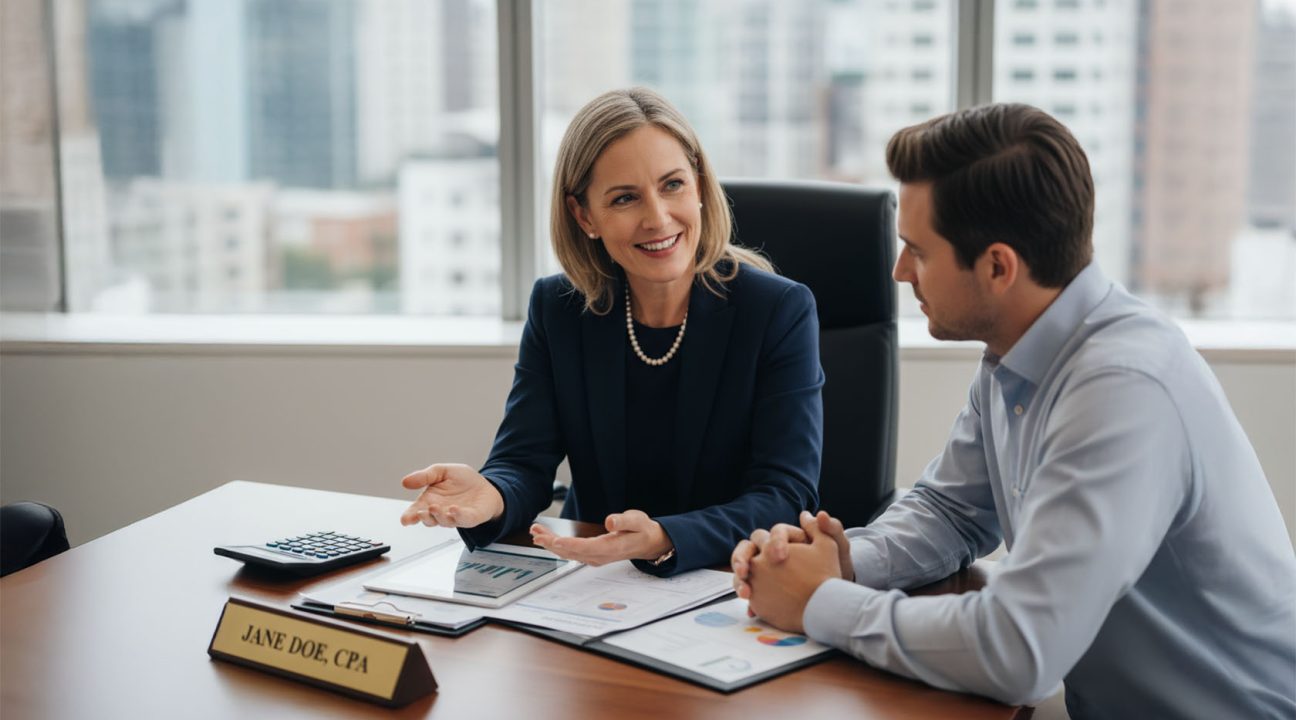 CPA and small business owner discussing payroll services and tax compliance in an Ohio office setting