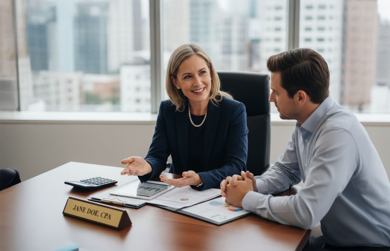 CPA and small business owner discussing payroll services and tax compliance in an Ohio office setting