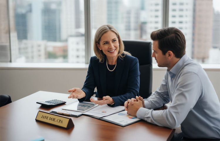 CPA and small business owner discussing payroll services and tax compliance in an Ohio office setting