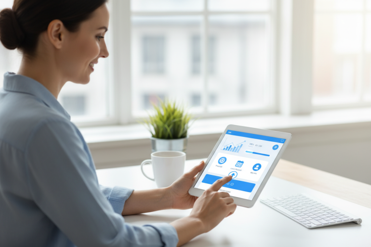 Employee using payroll self-service portal on tablet to access pay stubs and tax documents