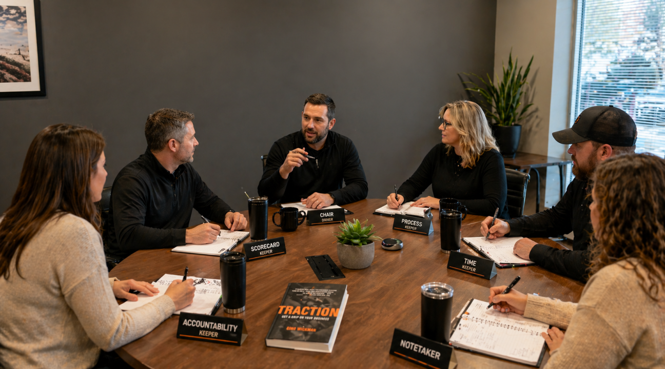 Business leadership team running a Level 10 meeting using the EOS framework in a conference room setting