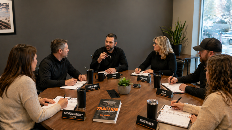 Business leadership team running a Level 10 meeting using the EOS framework in a conference room setting