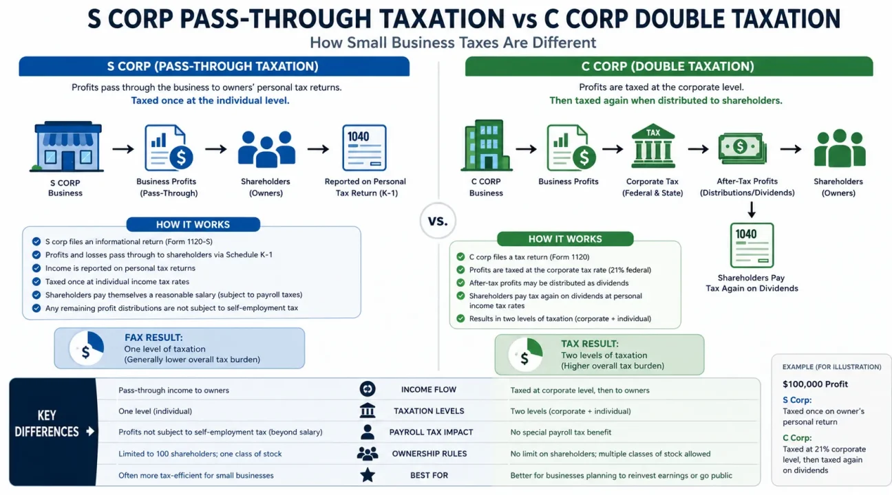 Diagram comparing how S corp pass-through taxation differs from C corp double taxation for small businesses